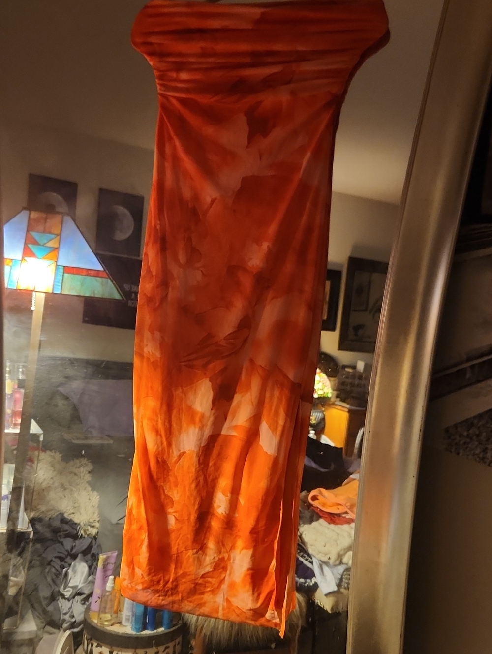 Orange Tie-Dye  Form Fitting Strapless Maxi Dress Small